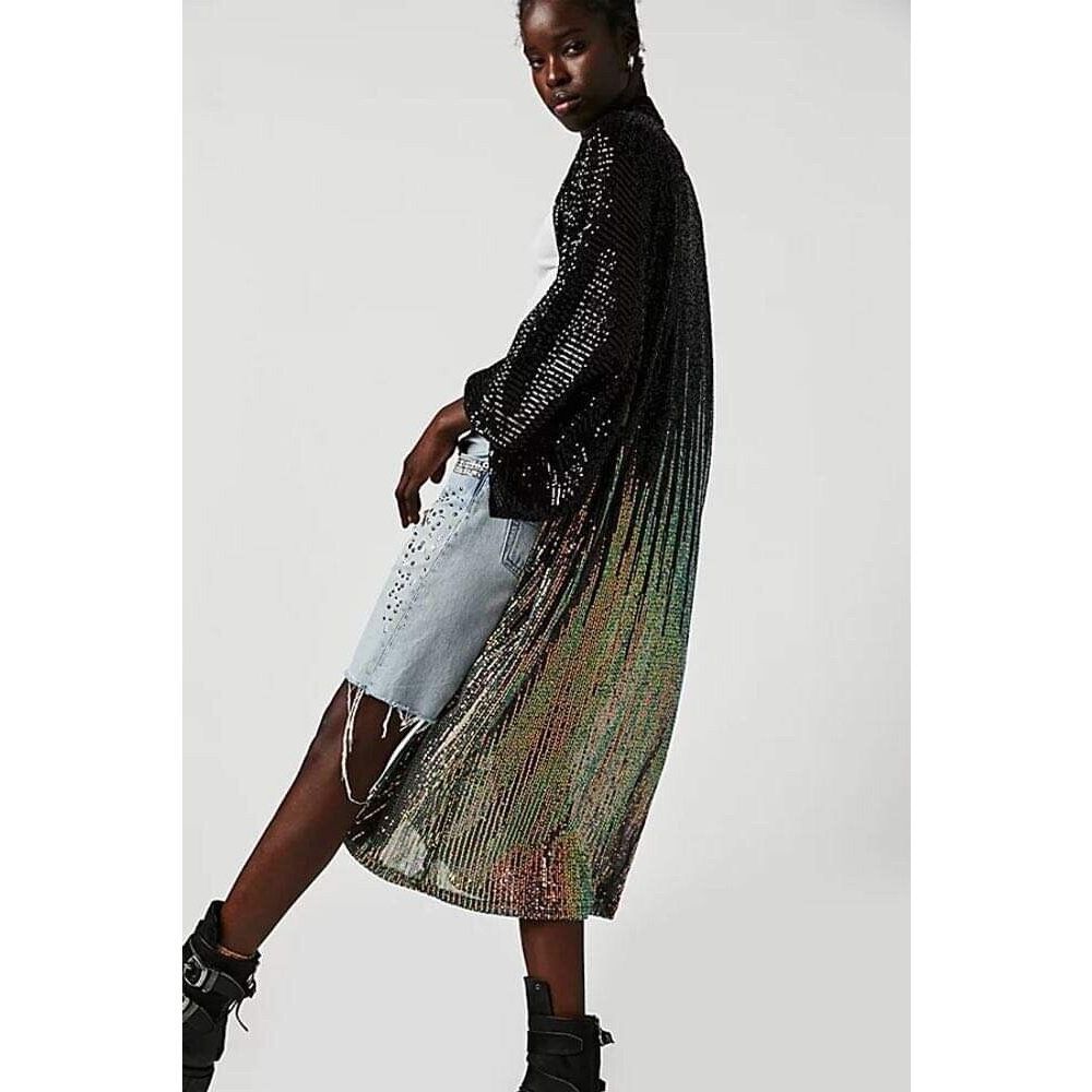 Free People Black Sequin Long Blazer